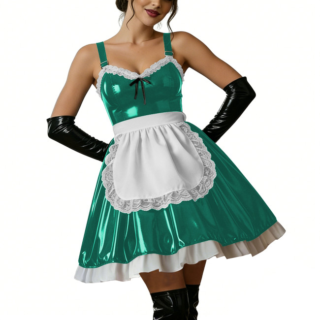 Halloween Women Shiny PVC Leather Maid Dress Sexy French Lace Apron Cute Mini Cosplay Lolita Party Wetlook Fancy Strap Dress