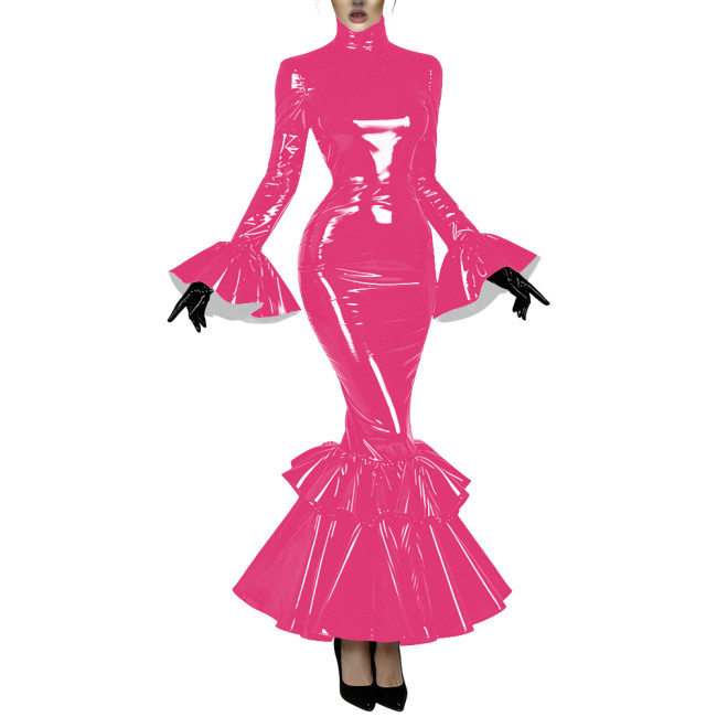 Women's Glossy Latex-like PVC Mermaid Dress High Neck Flared Long Sleeve Ruffle Hem Bodycon Maxi Dress Formal Party Vestidos