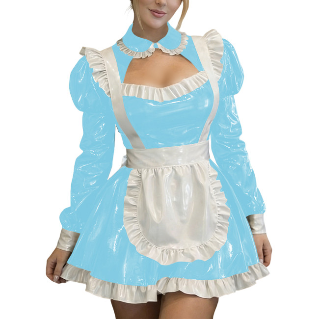 Sexy Wetlook PVC Leather Fetish Maid Dress A-Line Cocktail Lolita Zipper Mini Dress Fetish Cosplay Dress Cross-dresser Clubwear