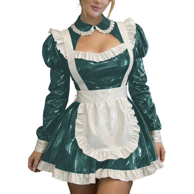 Sexy Wetlook PVC Leather Fetish Maid Dress A-Line Cocktail Lolita Zipper Mini Dress Fetish Cosplay Dress Cross-dresser Clubwear