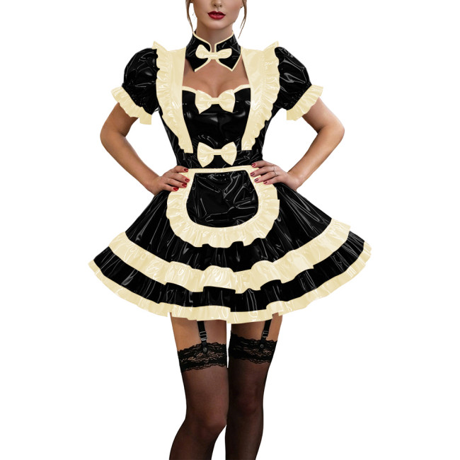 Glossy Ruffles Bow Collar Mini Maid Dress Apron Vinyl PVC Leather Dress Short Puff Sleeve Dress Maid Uniform Sexy Cosplay Lolita