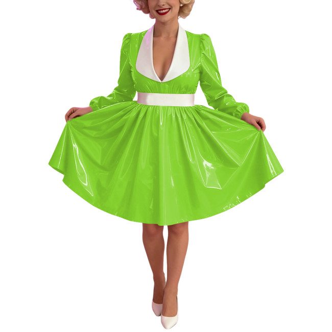 Women Glossy PVC Vintage A-Line Dress Elegant Contrast Collar Midi Dress Cosplay Sexy Zipper Party Dress Long Sleeve Clubwear