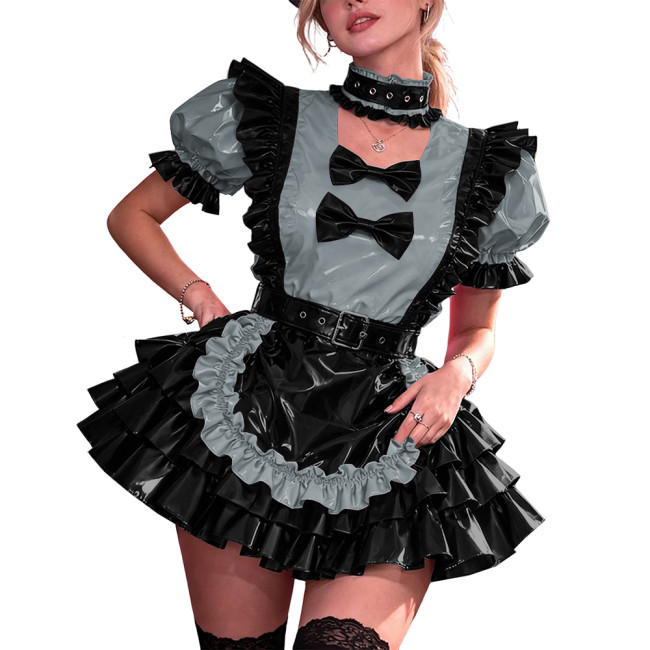 French Maid PVC Halloween Dress Women Shiny Vinyl A-Line Party Mini Dress Puff Sleeve Gothic Bow Choker Lady Cute Cosplay Lolita
