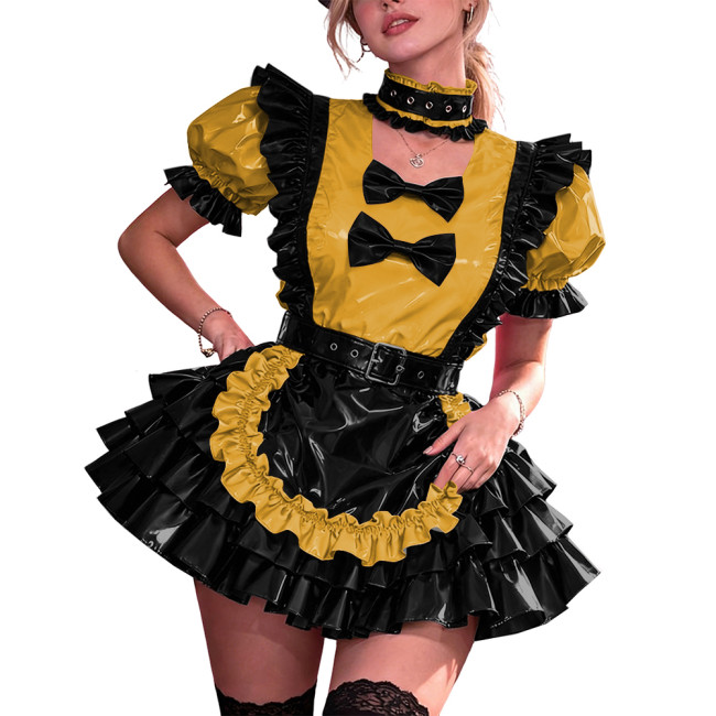 French Maid PVC Halloween Dress Women Shiny Vinyl A-Line Party Mini Dress Puff Sleeve Gothic Bow Choker Lady Cute Cosplay Lolita