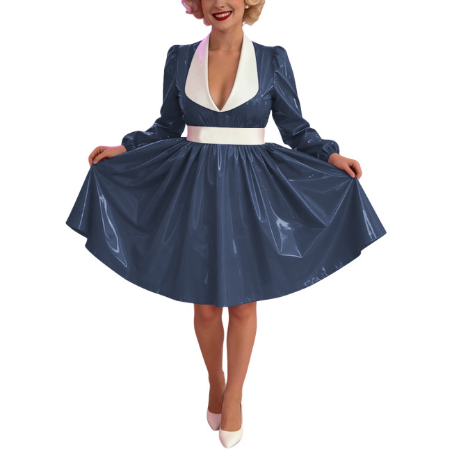 Women Glossy PVC Vintage A-Line Dress Elegant Contrast Collar Midi Dress Cosplay Sexy Zipper Party Dress Long Sleeve Clubwear