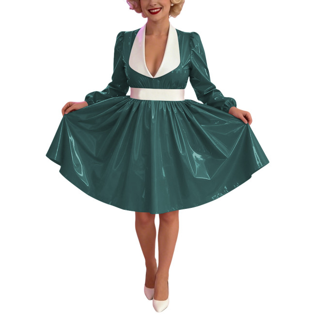 Women Glossy PVC Vintage A-Line Dress Elegant Contrast Collar Midi Dress Cosplay Sexy Zipper Party Dress Long Sleeve Clubwear