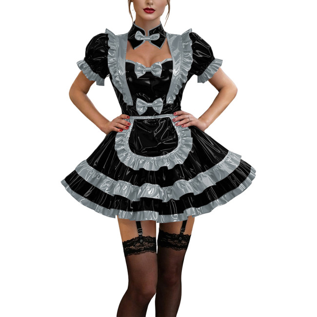 Glossy Ruffles Bow Collar Mini Maid Dress Apron Vinyl PVC Leather Dress Short Puff Sleeve Dress Maid Uniform Sexy Cosplay Lolita