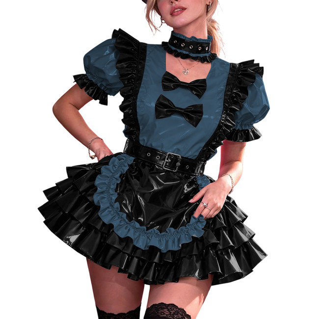 French Maid PVC Halloween Dress Women Shiny Vinyl A-Line Party Mini Dress Puff Sleeve Gothic Bow Choker Lady Cute Cosplay Lolita