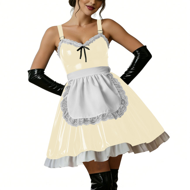 Halloween Women Shiny PVC Leather Maid Dress Sexy French Lace Apron Cute Mini Cosplay Lolita Party Wetlook Fancy Strap Dress
