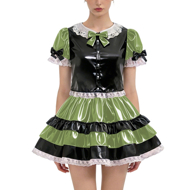 Shiny PVC Lolita Short Dress Outfit Sets 2-piece Set Sweet Bow Button Short Sleeve Tops High-waist Ruffles Mini Skirt Sissy Suit