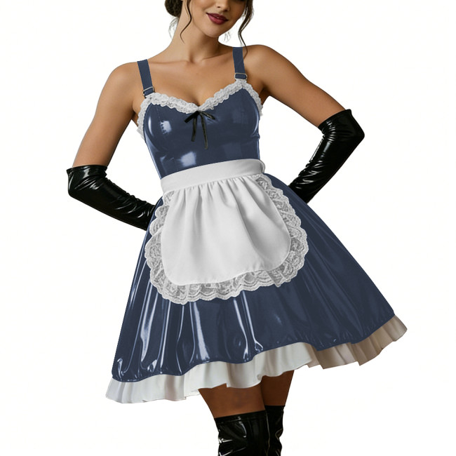 Halloween Women Shiny PVC Leather Maid Dress Sexy French Lace Apron Cute Mini Cosplay Lolita Party Wetlook Fancy Strap Dress