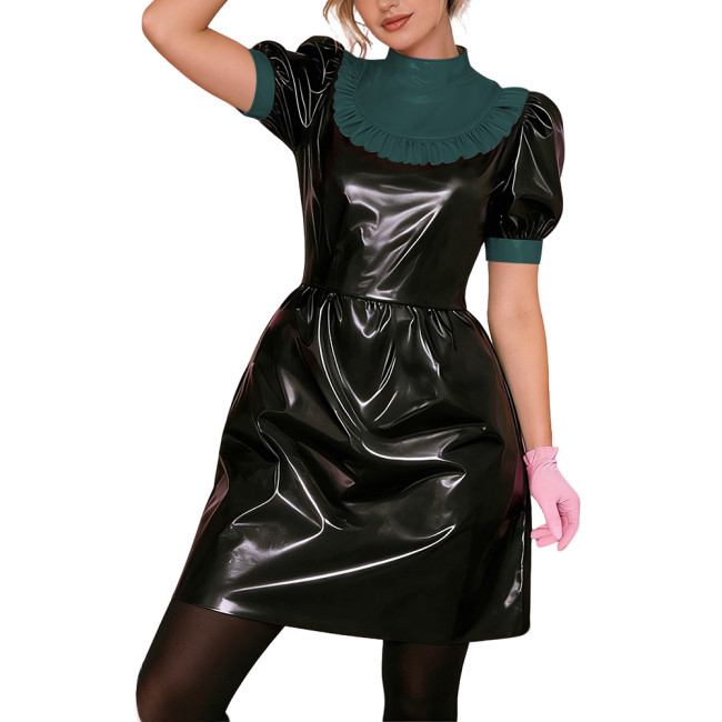 Gothic Punk Lolita PVC Puff Sleeve Cosplay Dress Shiny Vinyl Lady Short Dress Wetlook Contrast Ruffle Collar Bowless Party Dress