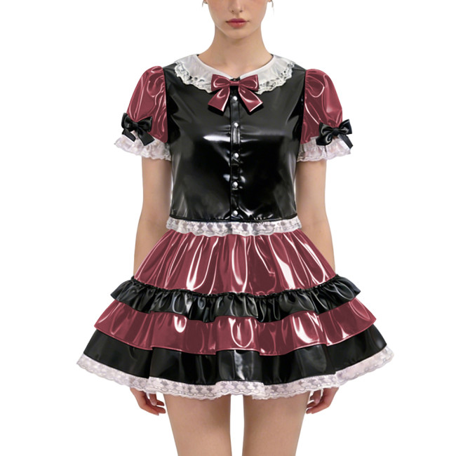 Shiny PVC Lolita Short Dress Outfit Sets 2-piece Set Sweet Bow Button Short Sleeve Tops High-waist Ruffles Mini Skirt Sissy Suit