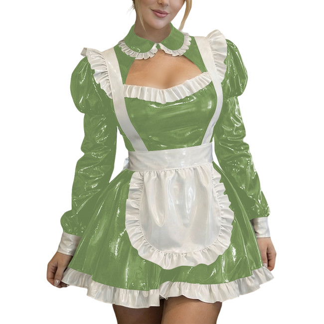 Sexy Wetlook PVC Leather Fetish Maid Dress A-Line Cocktail Lolita Zipper Mini Dress Fetish Cosplay Dress Cross-dresser Clubwear