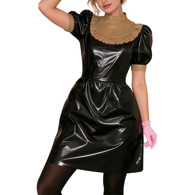 Gothic Punk Lolita PVC Puff Sleeve Cosplay Dress Shiny Vinyl Lady Short Dress Wetlook Contrast Ruffle Collar Bowless Party Dress