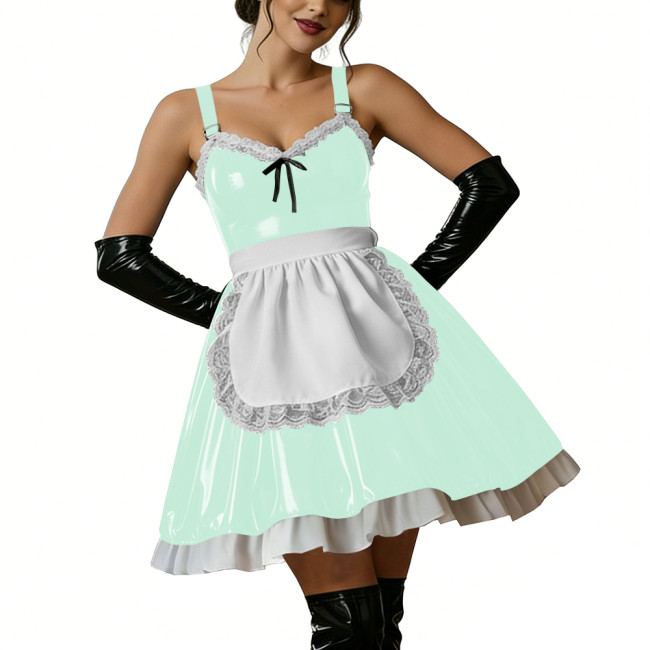 Halloween Women Shiny PVC Leather Maid Dress Sexy French Lace Apron Cute Mini Cosplay Lolita Party Wetlook Fancy Strap Dress