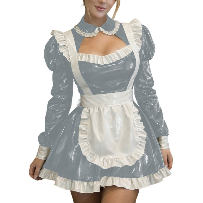 Sexy Wetlook PVC Leather Fetish Maid Dress A-Line Cocktail Lolita Zipper Mini Dress Fetish Cosplay Dress Cross-dresser Clubwear