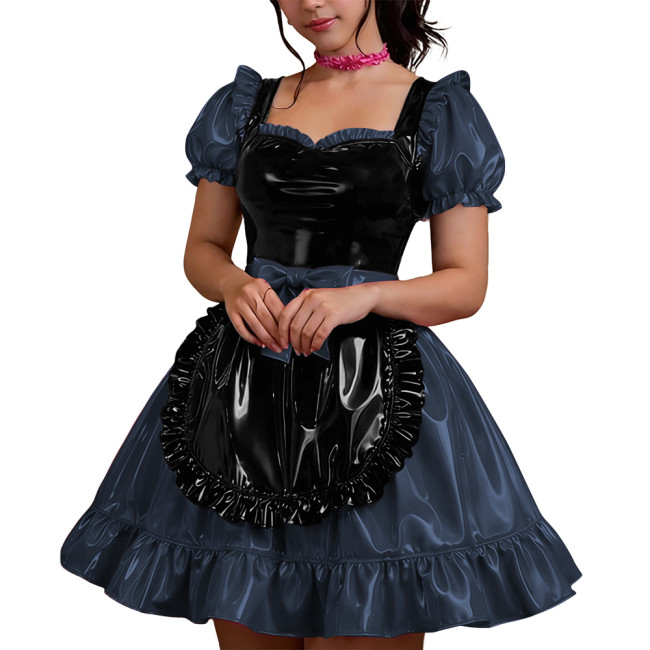 Halloween Shiny PVC French Dress Women Vinyl Mini Skirt Puff Sleeve Bow Sweetheart Party Maid Cross Dress Gothic Cosplay Lolita