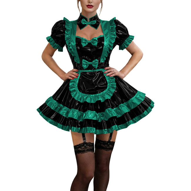 Glossy Ruffles Bow Collar Mini Maid Dress Apron Vinyl PVC Leather Dress Short Puff Sleeve Dress Maid Uniform Sexy Cosplay Lolita