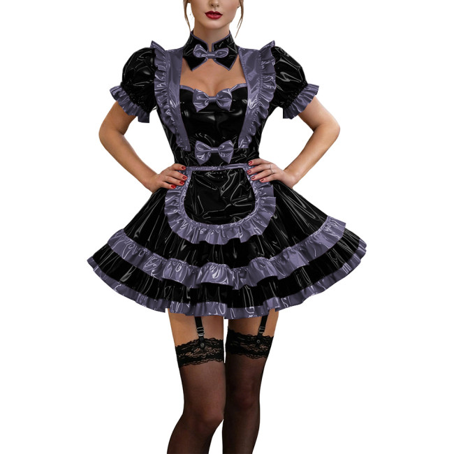 Glossy Ruffles Bow Collar Mini Maid Dress Apron Vinyl PVC Leather Dress Short Puff Sleeve Dress Maid Uniform Sexy Cosplay Lolita