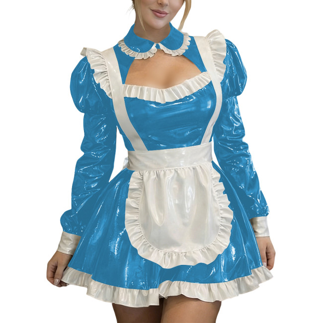 Sexy Wetlook PVC Leather Fetish Maid Dress A-Line Cocktail Lolita Zipper Mini Dress Fetish Cosplay Dress Cross-dresser Clubwear