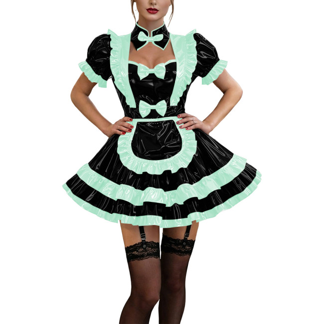 Glossy Ruffles Bow Collar Mini Maid Dress Apron Vinyl PVC Leather Dress Short Puff Sleeve Dress Maid Uniform Sexy Cosplay Lolita