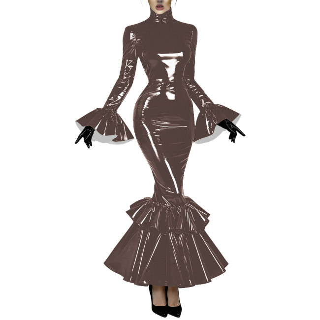 Women's Glossy Latex-like PVC Mermaid Dress High Neck Flared Long Sleeve Ruffle Hem Bodycon Maxi Dress Formal Party Vestidos