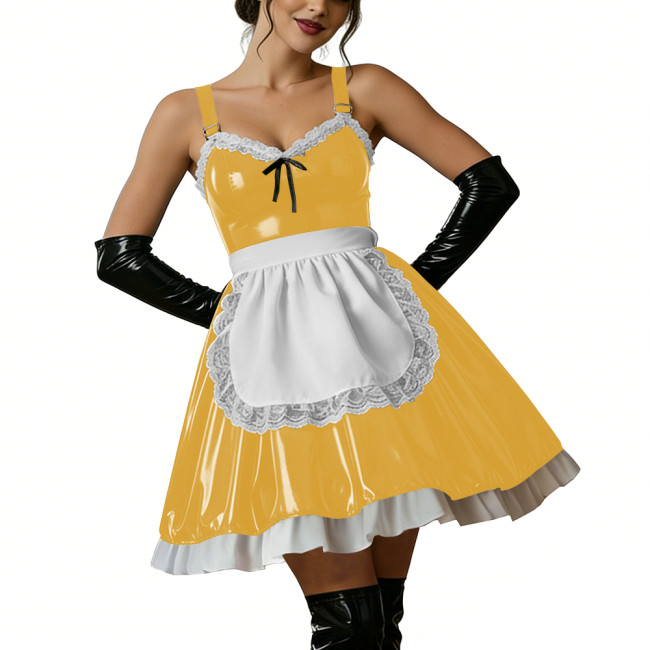 Halloween Women Shiny PVC Leather Maid Dress Sexy French Lace Apron Cute Mini Cosplay Lolita Party Wetlook Fancy Strap Dress