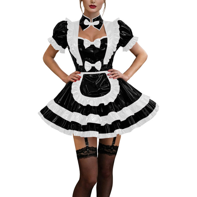 Glossy Ruffles Bow Collar Mini Maid Dress Apron Vinyl PVC Leather Dress Short Puff Sleeve Dress Maid Uniform Sexy Cosplay Lolita