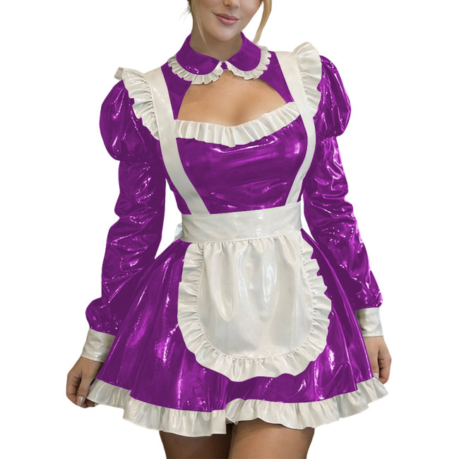 Sexy Wetlook PVC Leather Fetish Maid Dress A-Line Cocktail Lolita Zipper Mini Dress Fetish Cosplay Dress Cross-dresser Clubwear