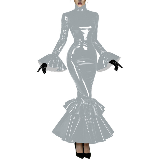 Women's Glossy Latex-like PVC Mermaid Dress High Neck Flared Long Sleeve Ruffle Hem Bodycon Maxi Dress Formal Party Vestidos