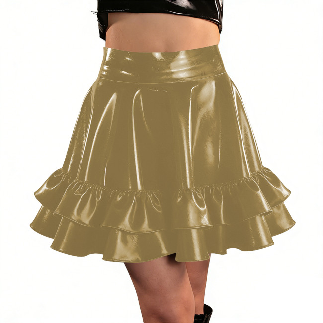 Womens PVC Shiny High Waist Mini Skater Skirt Streetwear Ladies Solid Color Ruffle Hem Swing Skirts Nightclub Festival Costume