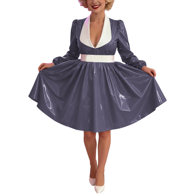 Women Glossy PVC Vintage A-Line Dress Elegant Contrast Collar Midi Dress Cosplay Sexy Zipper Party Dress Long Sleeve Clubwear