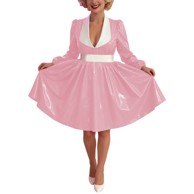 Women Glossy PVC Vintage A-Line Dress Elegant Contrast Collar Midi Dress Cosplay Sexy Zipper Party Dress Long Sleeve Clubwear