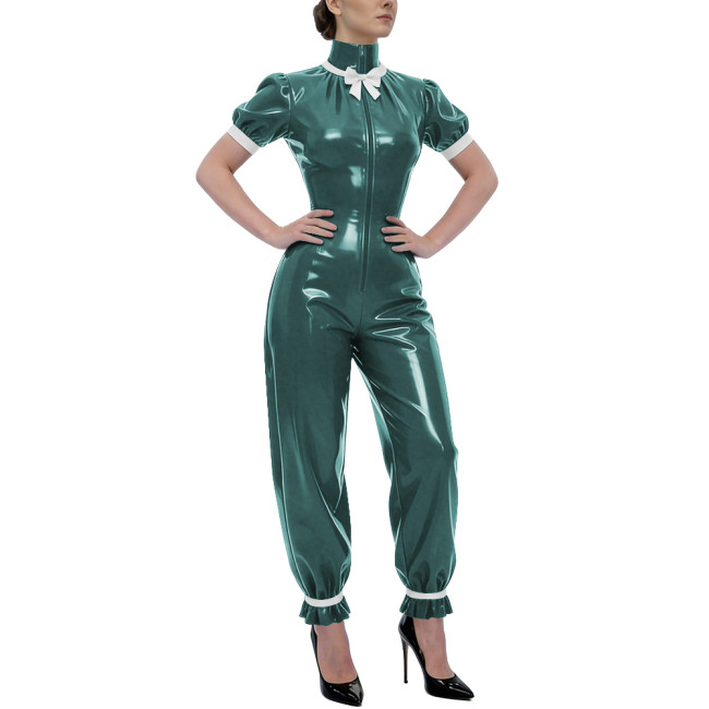Rave Party Glossy PVC Jumpsuit High Neck Bow Puff Sleeve Front Zipper Wetlook Rompers Sweet Nightclub Catsuit Cosplay Outfits