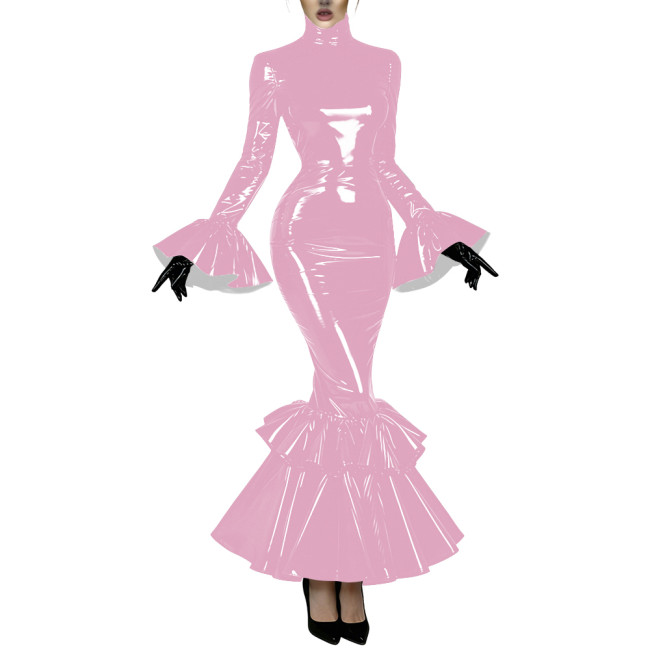 Women's Glossy Latex-like PVC Mermaid Dress High Neck Flared Long Sleeve Ruffle Hem Bodycon Maxi Dress Formal Party Vestidos