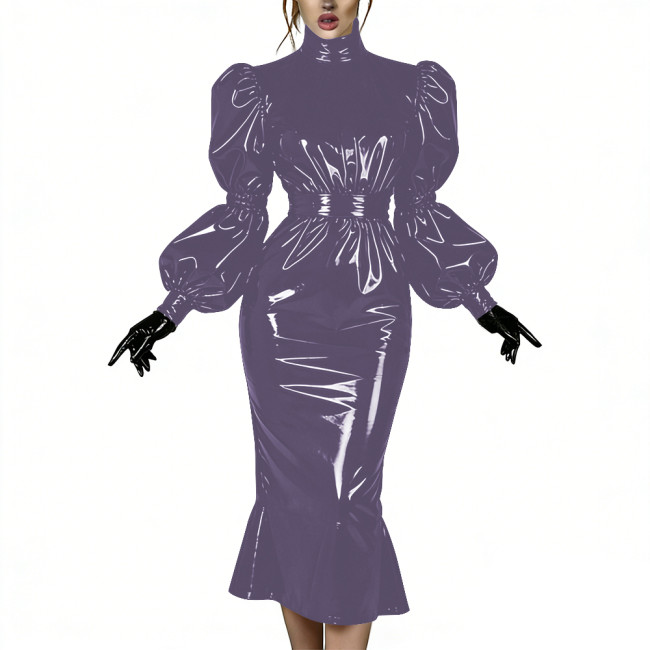 Evening Party Glossy Midi Mermaid Dresses Vinyl PVC Leather High Neck Puff Sleeve Bodycon Dress Elegant Ruffles Gown Club Outfit