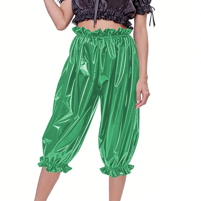 Women's Casual Shiny PVC Baggy Pants Elastic Waist Ruffle Cuffs Loose Mid Pants Fetish Glossy Faux Leather Bloomers Club Bottoms