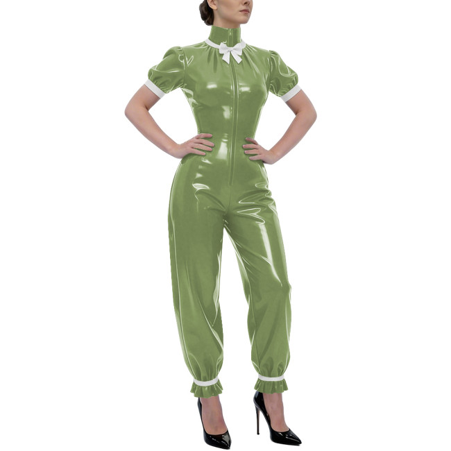 Rave Party Glossy PVC Jumpsuit High Neck Bow Puff Sleeve Front Zipper Wetlook Rompers Sweet Nightclub Catsuit Cosplay Outfits