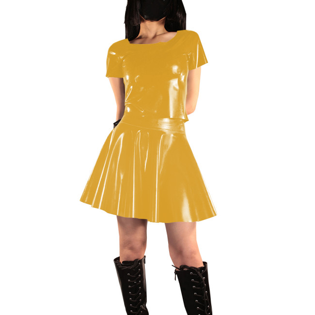 Women's Vinyl PVC Leather Two Piece Outfit Fashion Casual Short Sleeve Crop Top and Mini Flared Skater Skirt Set Street Outfits