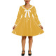 Shiny PVC Faux Latex Sailor Dress for Womens White Striped Collar Bow Long Sleeve Flared Mid Dress Anime Cosplay School Uniform