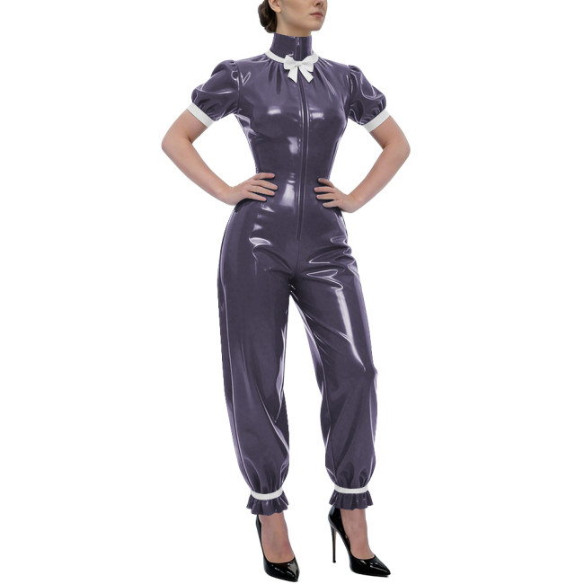 Rave Party Glossy PVC Jumpsuit High Neck Bow Puff Sleeve Front Zipper Wetlook Rompers Sweet Nightclub Catsuit Cosplay Outfits