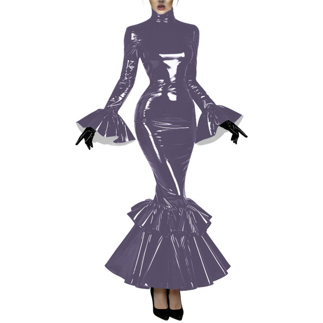 Women's Glossy Latex-like PVC Mermaid Dress High Neck Flared Long Sleeve Ruffle Hem Bodycon Maxi Dress Formal Party Vestidos