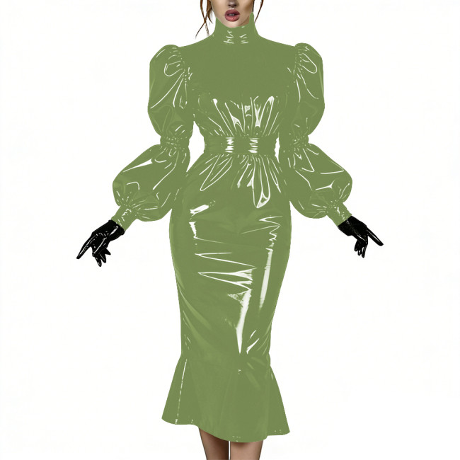 Evening Party Glossy Midi Mermaid Dresses Vinyl PVC Leather High Neck Puff Sleeve Bodycon Dress Elegant Ruffles Gown Club Outfit