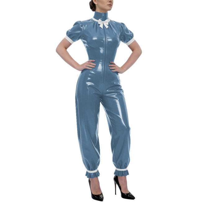 Rave Party Glossy PVC Jumpsuit High Neck Bow Puff Sleeve Front Zipper Wetlook Rompers Sweet Nightclub Catsuit Cosplay Outfits