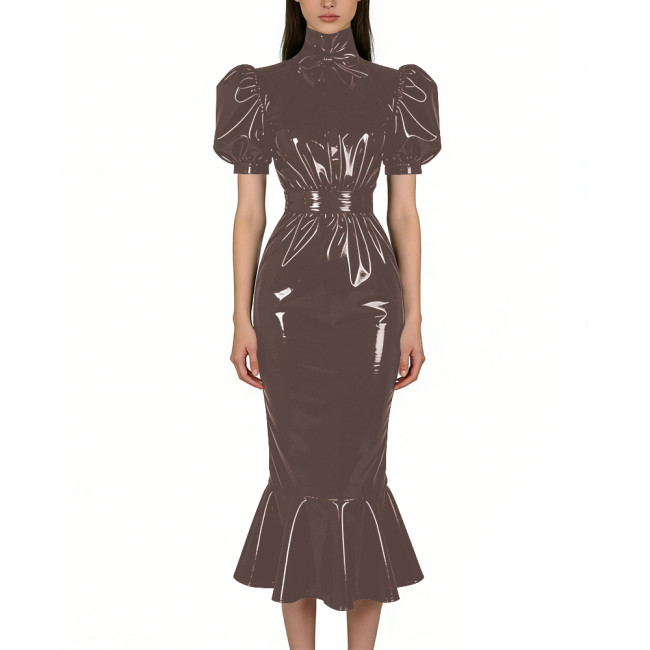 Puff Short Sleeve PVC Vinyl Leather Dress for Womens Turtleneck High Waist Flared Mermaid Slim Midi Gown Party Nightclub Formal