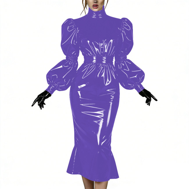 Evening Party Glossy Midi Mermaid Dresses Vinyl PVC Leather High Neck Puff Sleeve Bodycon Dress Elegant Ruffles Gown Club Outfit