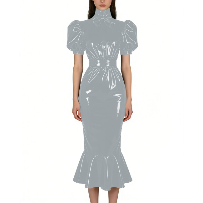 Puff Short Sleeve PVC Vinyl Leather Dress for Womens Turtleneck High Waist Flared Mermaid Slim Midi Gown Party Nightclub Formal