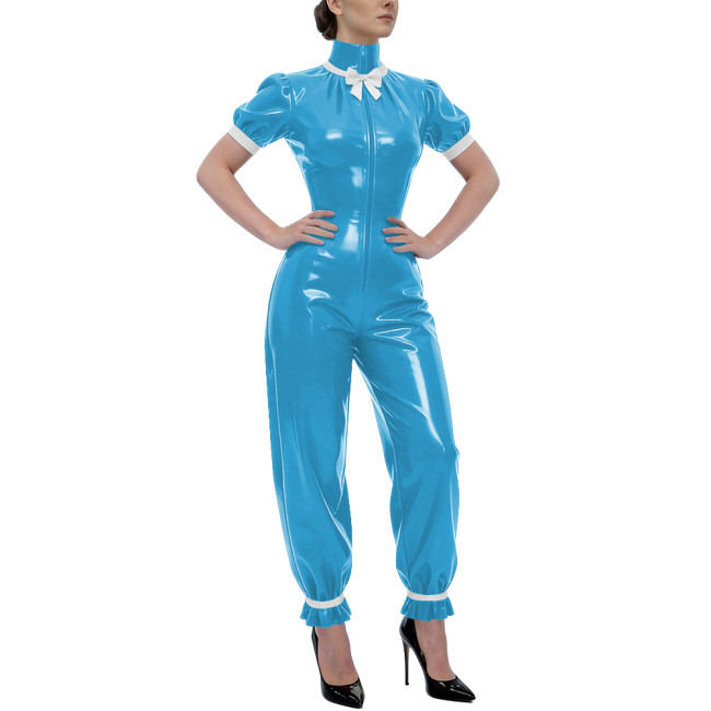 Rave Party Glossy PVC Jumpsuit High Neck Bow Puff Sleeve Front Zipper Wetlook Rompers Sweet Nightclub Catsuit Cosplay Outfits