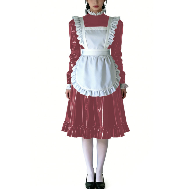Sissy Ruffled High Neck French Maid Dress Sets Long Sleeve PVC Shiny Apron Lolita Style Maid Uniforms for Cosplay Theme Parties